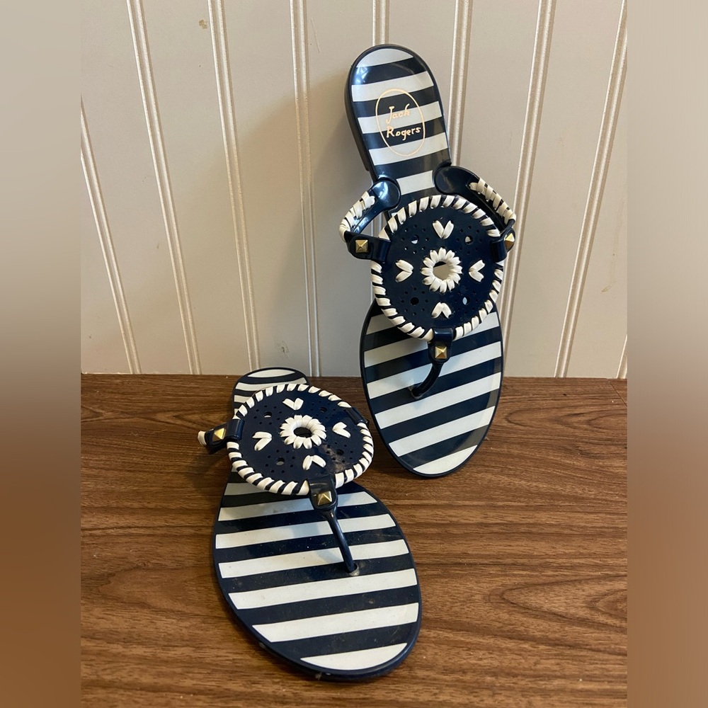 Jack Rogers Navy and White Striped Thong Sandals with Braided Medallions